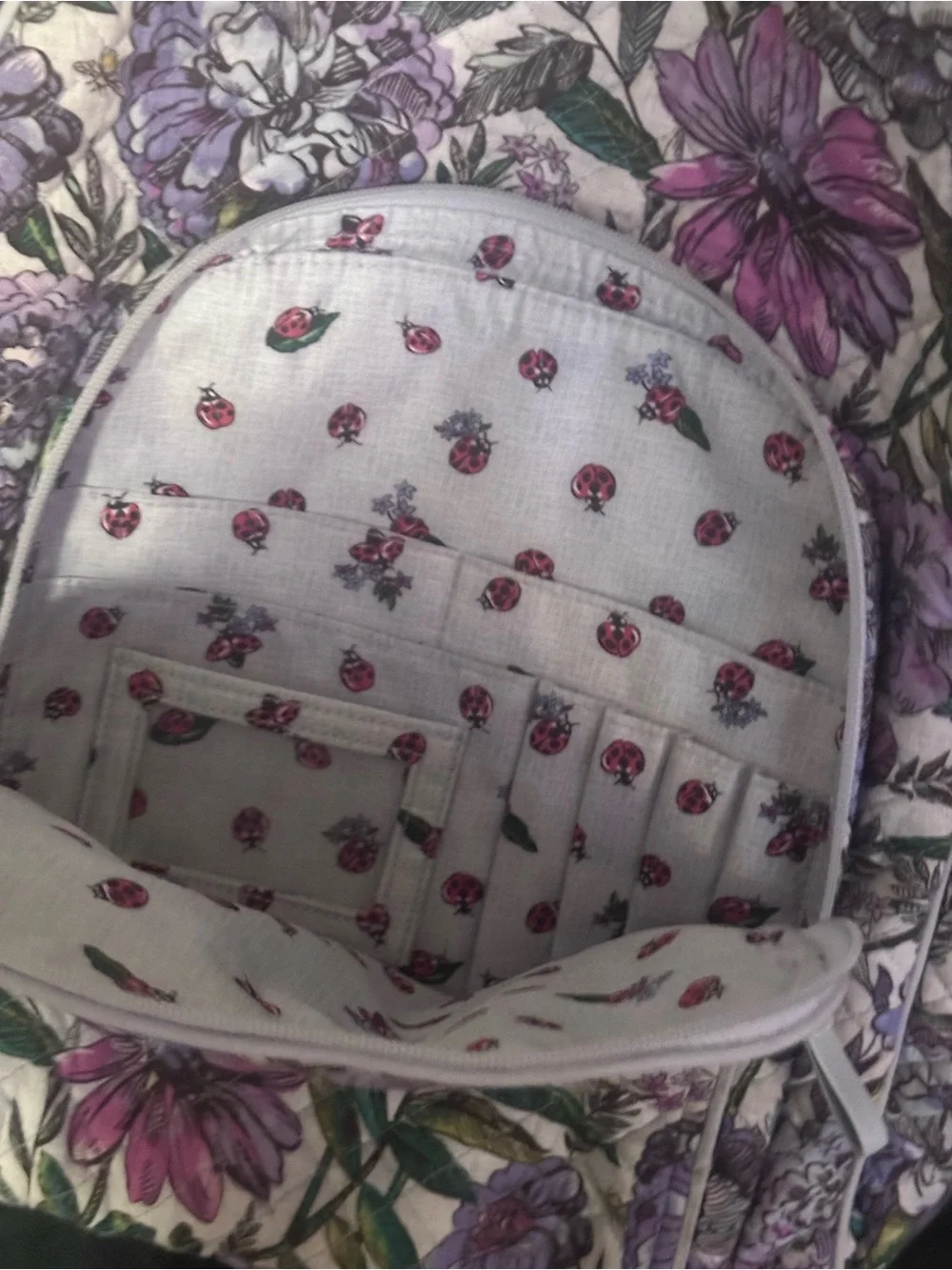 Vera Bradley Floral Quilted Backpack Laptop Travel Bag Purple Pink with light gr
